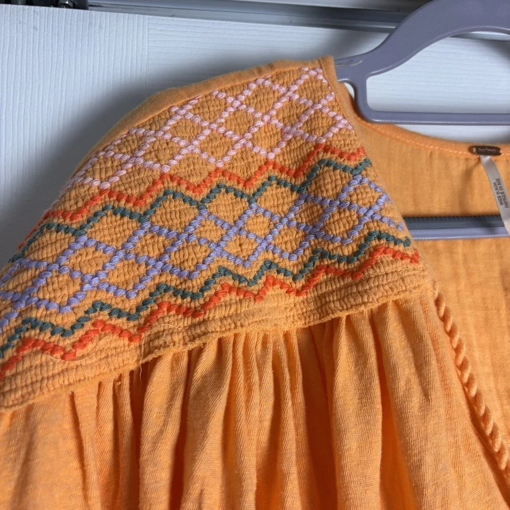 Free People Top Embroidered Tie Neck Carrot Ginger S‎ Flowy Boho Peasant